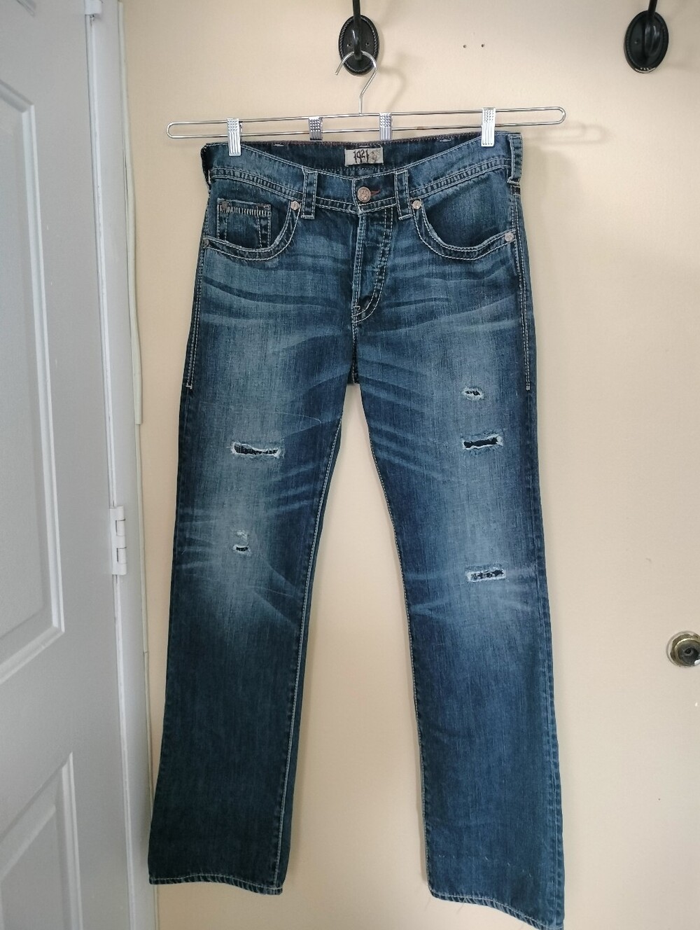 1921 Men's Distressed Straight Leg Button Fly Blue Denim Jeans 32x34 Grunge Punk
